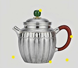 Hammered sterling silver teapot with wooden handle & jade finial order number 508